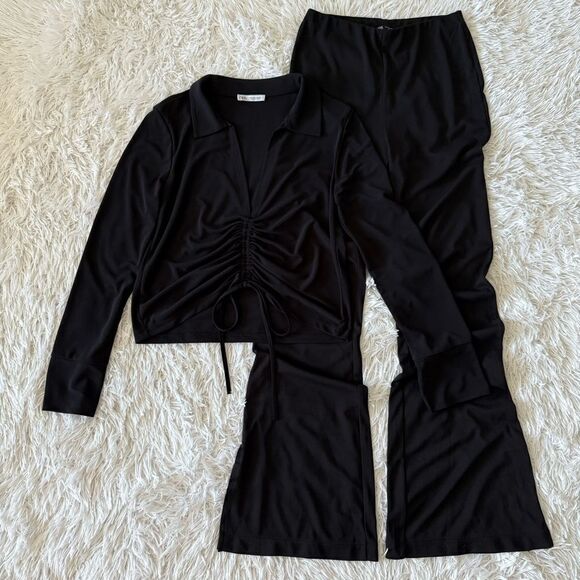 Zara Black Stretch Matching Set With Long Sleeve Blouse and Coord Pants Size M - Picture 5 of 6